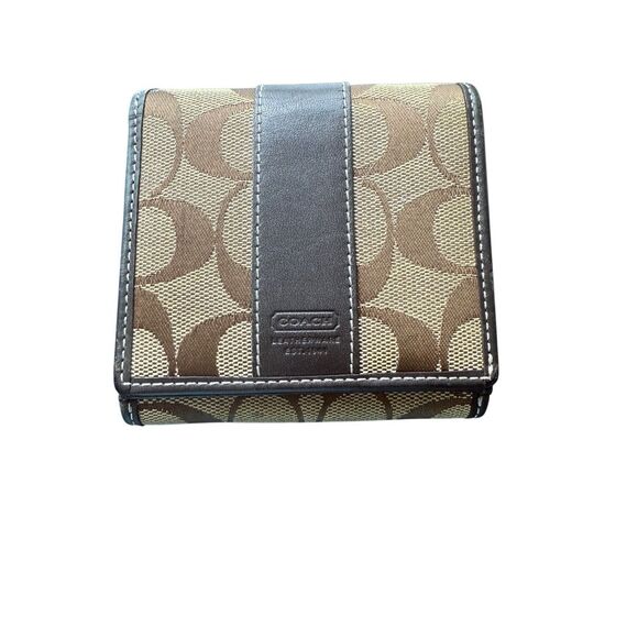 Coach Womens Khaki Mahogany Signature C Logo Leather Bi-Fold Wallet Mini - Picture 1 of 7